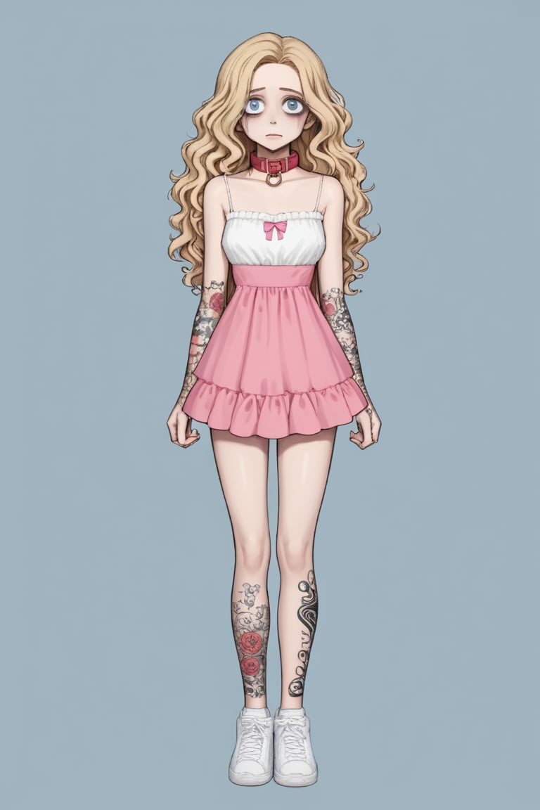 1girl, long hair, long curly blonde hair, ball pink gown, big white sneakers, massive dog collar parted hair, wavy hair, pale skin, light blue eyes, frills, white camisole, short dress, bags under eyes, simple background, :3, full body, standing,highres, tattoo