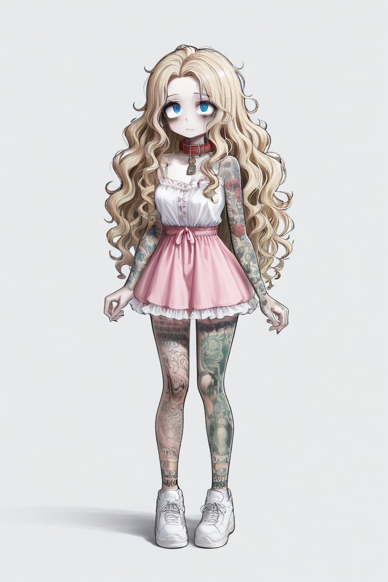 1girl, long hair, long curly blonde hair, ball pink gown, big white sneakers, massive dog collar parted hair, wavy hair, pale skin, light blue eyes, frills, white camisole, short dress, bags under eyes, simple background, :3, full body, standing,highres, tattoo