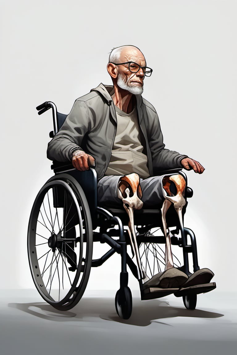 disabled person rides in a wheelchair, broken leg, leg in a cast, neutral gray background, concept art, realistic,Expressiveh,dark theme,