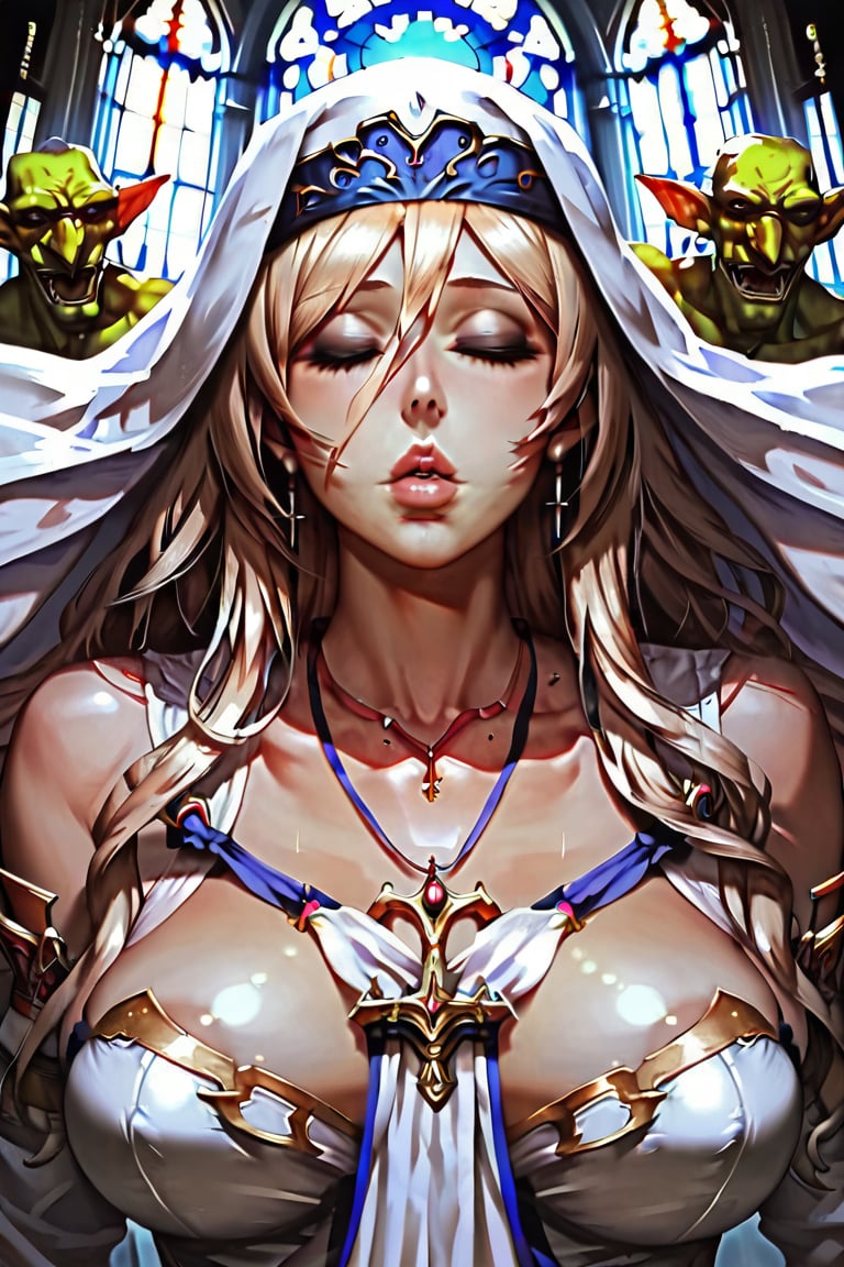 church,goblin's crown,sword maiden from goblin slayer,goblin slayer,(lips extreme close-up:1.4),masterpiece,best quality,1girl,sword maiden,long hair,blonde,shiny lips,white veil,jewelry,necklace,official art,by Noboru Kannatuki,sleeping,parted lips,concept art, realistic,Expressiveh,dark theme