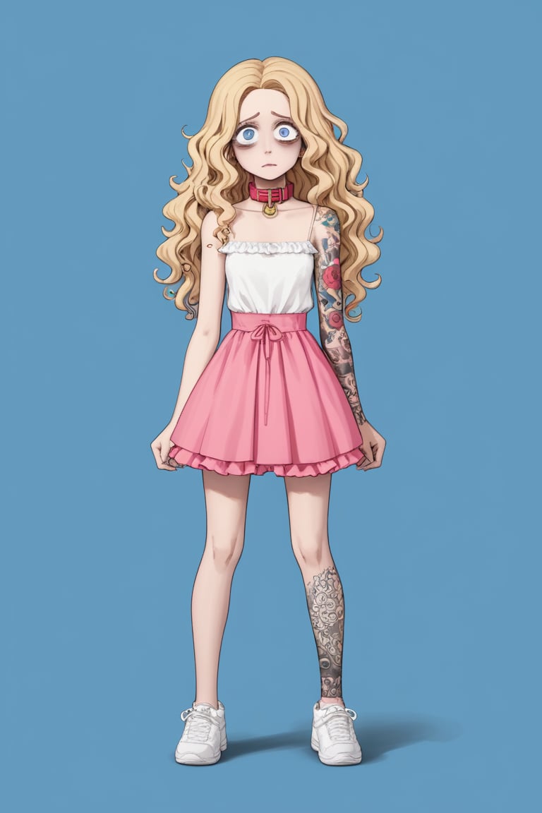 1girl, long hair, long curly blonde hair, ball pink gown, big white sneakers, massive dog collar parted hair, wavy hair, pale skin, light blue eyes, frills, white camisole, short dress, bags under eyes, simple background, :3, full body, standing,highres, tattoo