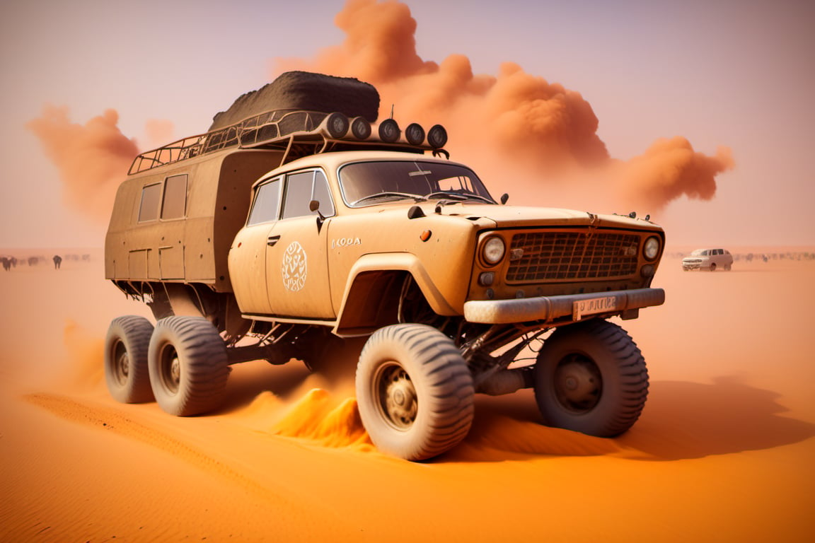 Volga gaz car on 4 big wheels from Big Foot, mud tires, large kangaroo, roof rack, driving through an abandoned city Moscow in the desert, destroyed houses, sand, dust, sandstorm, thunderstorm, fire from exhaust pipes,scrap metal,rusty car,crossout craft,realism,