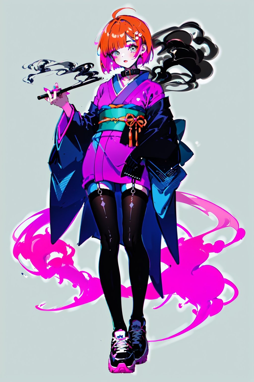 young 20-year-old Asian girl with orange bob hair in an ultra short dark blue kimono, decorated with neon pink lines and Japanese black characters, black stockings made of a wide square mesh, large pink and black sneakers, bright makeup, smoke eyes, long neck, collar, simple background, highres,fishnet pantyhose