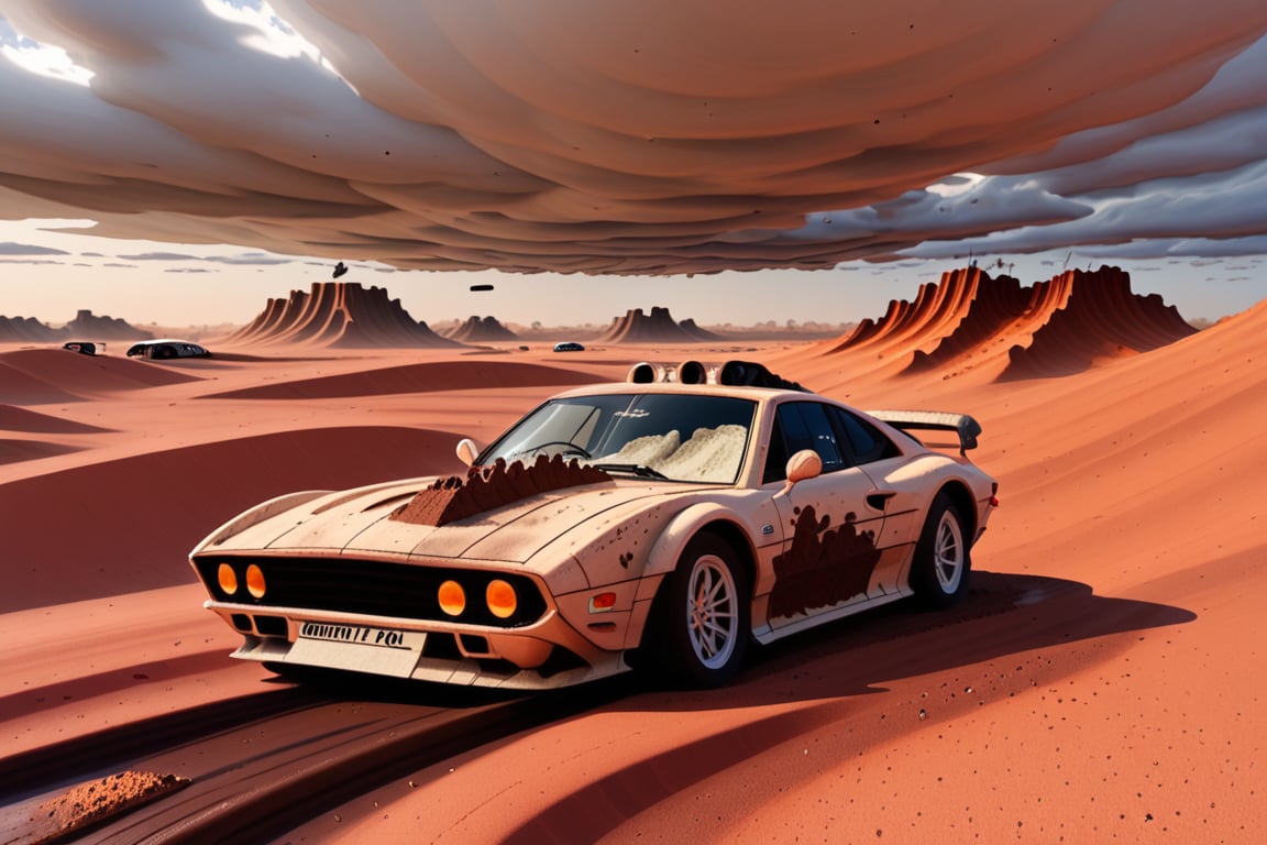 Ferrari car on 6 big wheels from Big Foot, mud tires, large kangaroo, roof rack, driving through an abandoned city in the desert, destroyed houses, sand, dust, sandstorm, thunderstorm, fire from exhaust pipes,scrap metal,rusty car,crossout craft,realism