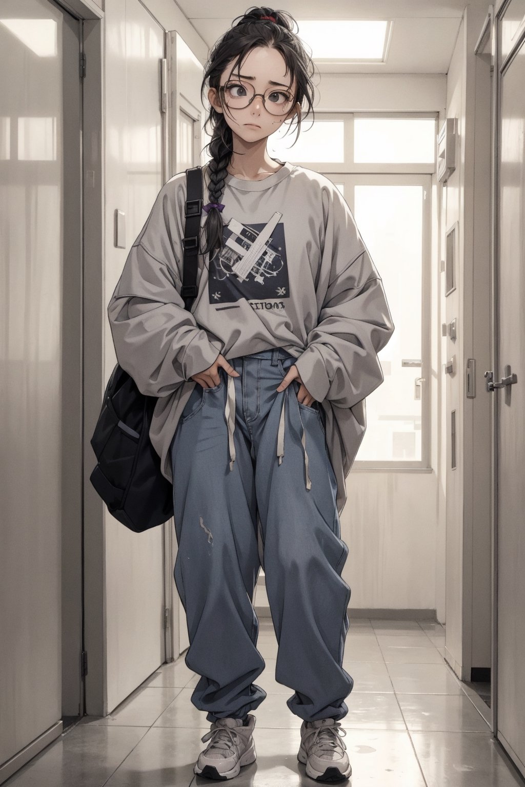 nerdy little girl 16 years old in wrinkled baggy clothes and big glasses, she has disheveled hair somehow tied up in a braid, no makeup, an exhausted face, she is wearing baggy gray pants, dirty sneakers and a baggy oversized sweater, she has a bunch of books in her hands, she is standing in the middle of the school corridor and looks offended,shirt