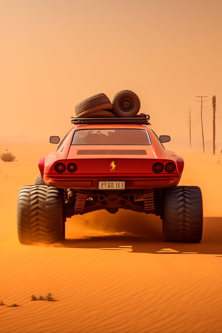 Ferrari car on 6 big wheels from Big Foot, mud tires, large kangaroo, roof rack, driving through an abandoned city in the desert, destroyed houses, sand, dust, sandstorm, thunderstorm, fire from exhaust pipes,scrap metal,rusty car,crossout craft,realism