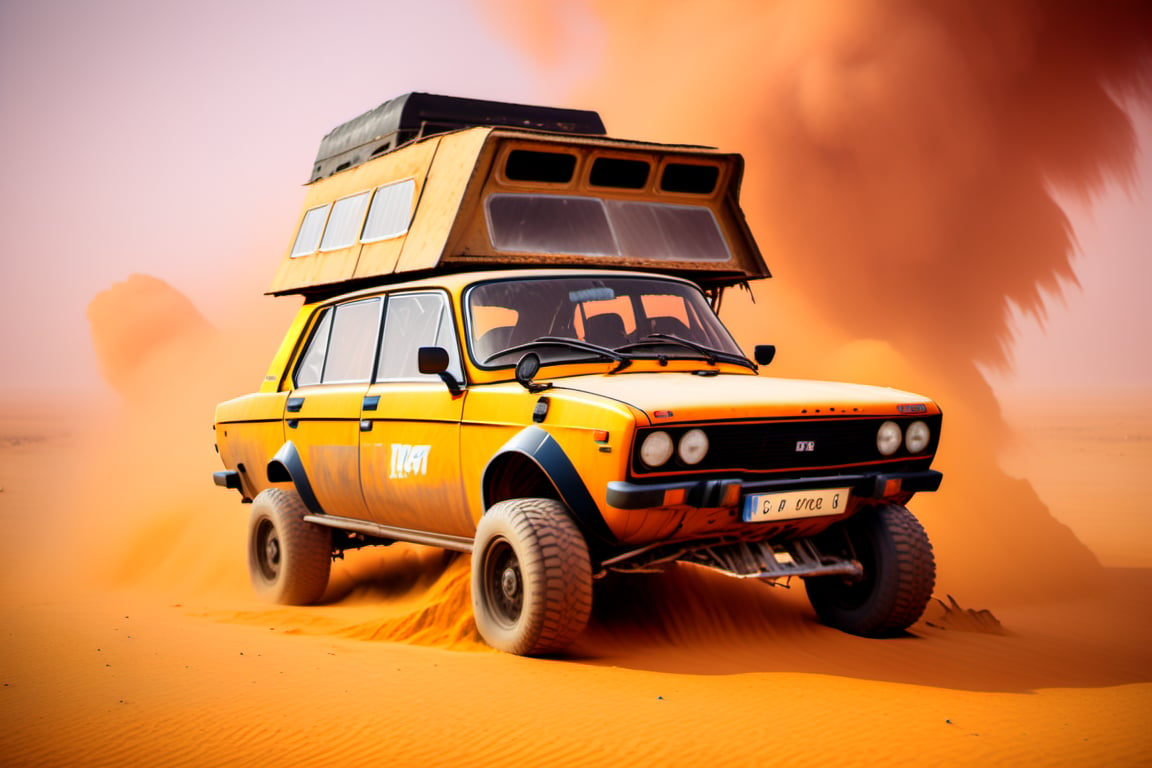 Lada Vaz 2105 car on 4 big wheels from Big Foot, mud tires, large kangaroo, roof rack, driving through an abandoned city Moscow in the desert, destroyed houses, sand, dust, sandstorm, thunderstorm, fire from exhaust pipes,scrap metal,rusty car,crossout craft,realism,