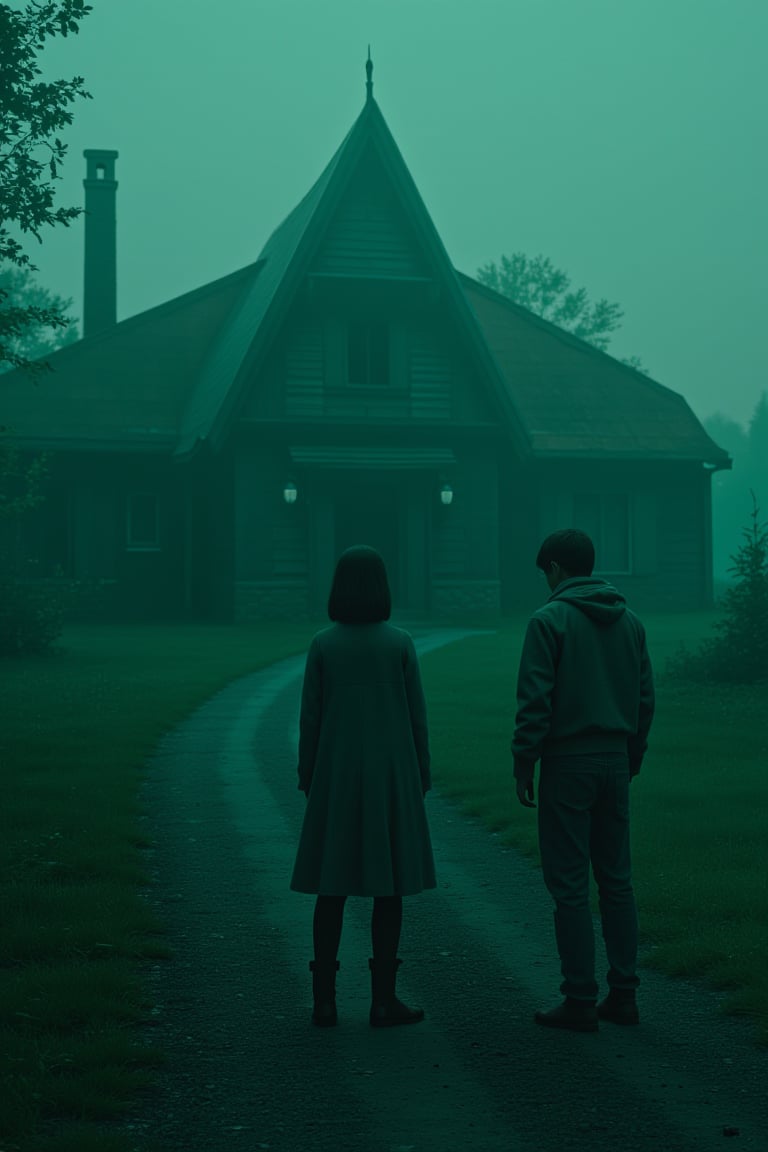 1 girl, 1 ghost boy, standing near the ghost house, russia, russian village, ratlook car vaz 2105, scary, horror, nightmare, cinematic light, 8k resolution, dark art, horror atmosphere, silent hill atmosphere! Green filter, fog,reburbanback,disney style