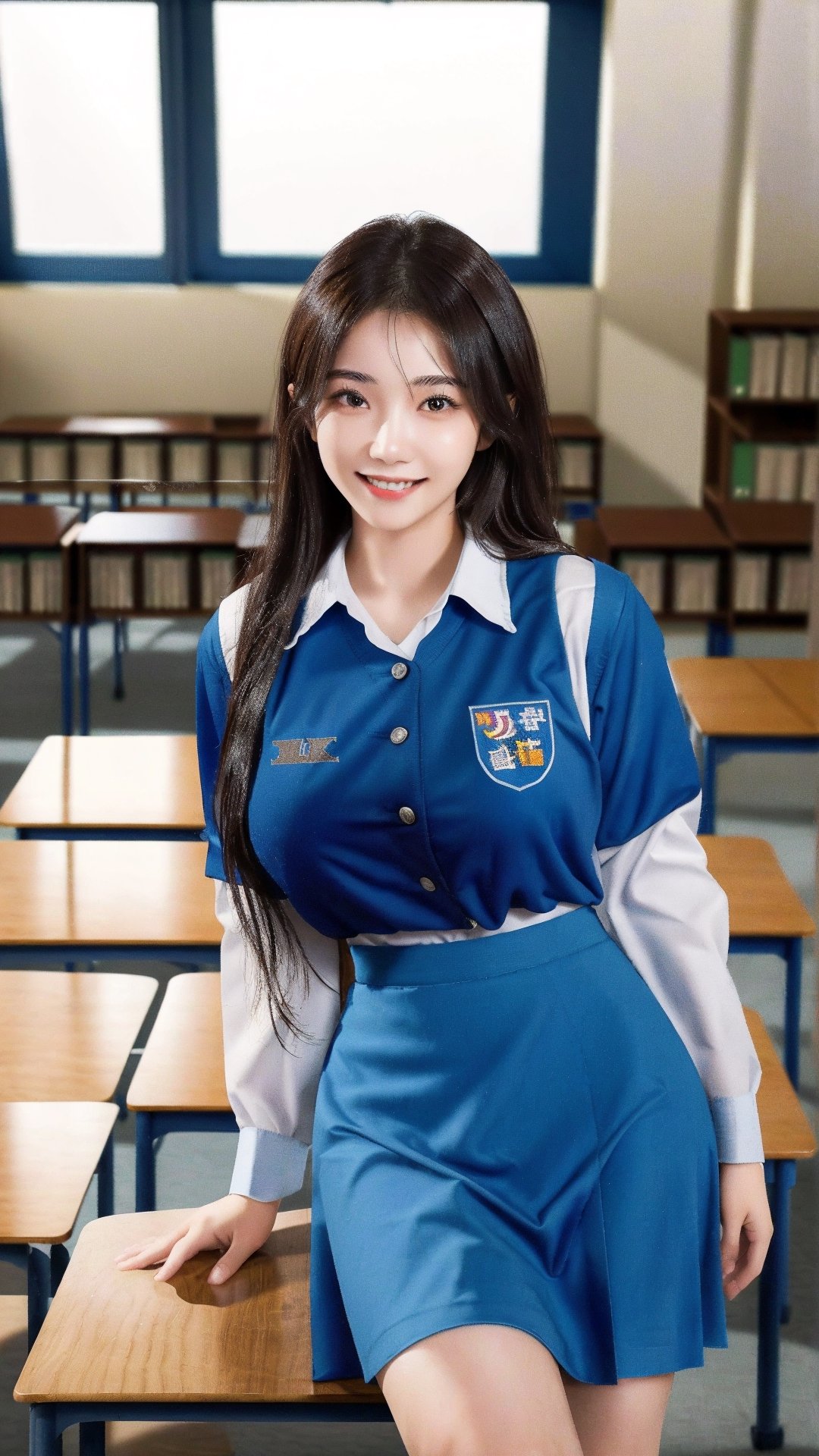 (8k, RAW photo, best quality, masterpiece:1.2), //Photo of,
1girl, solo, busty, a 20 year old girl in Malaysia school uniform,long eyelashes, long brown hair, slim body, smile, cold, ,msc, bwc, (schoollogo:1.3),blue uniform,skirt,((interior, library, classroom)),looking at viewer
