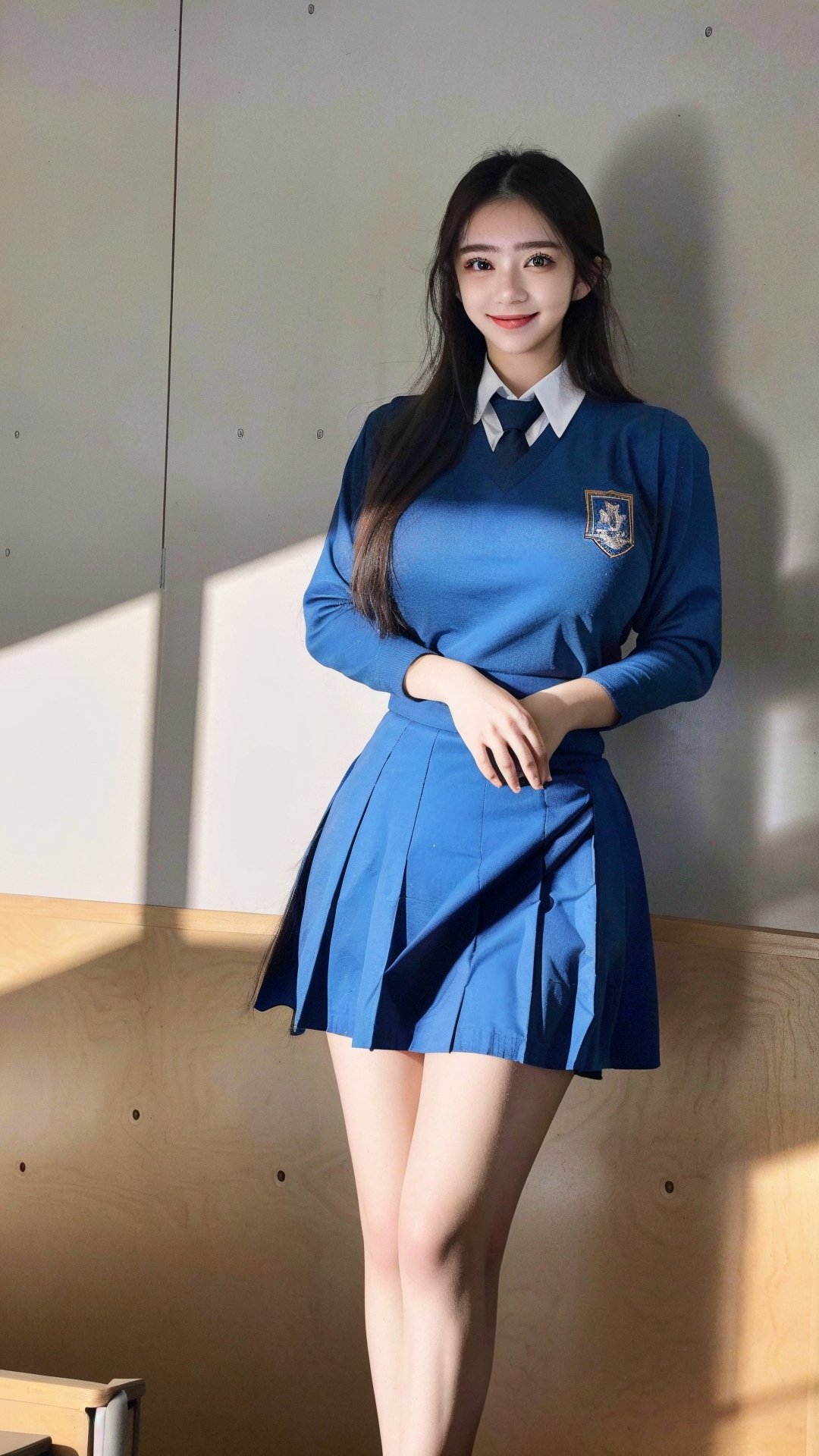 (8k, RAW photo, best quality, masterpiece:1.2), //Photo of,
1girl, solo, large_breasts, a 20 year old girl in Malaysia school uniform,long eyelashes, long brown hair, slim body, smile, cold, ,msc, bwc, (schoollogo:1.3),blue uniform,skirt,((interior, library, classroom)),looking at viewer
,eungirl