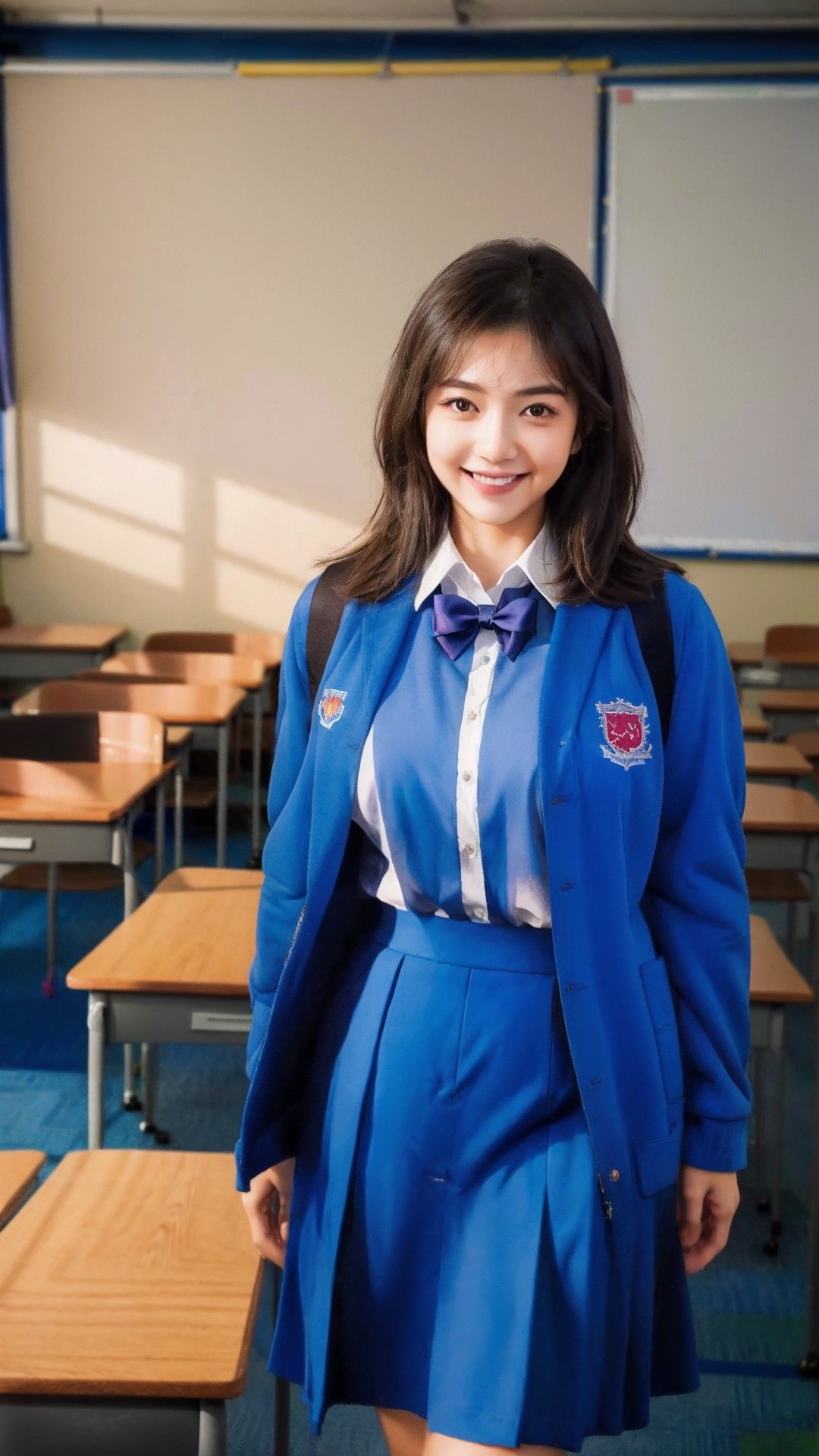 (8k, RAW photo, best quality, masterpiece:1.2), //Photo of,
1girl, solo, large_breasts, a 20 year old girl in Malaysia school uniform,long eyelashes, long brown hair, slim body, smile, cold, ,msc, bwc, (schoollogo:1.3),blue uniform,skirt,((interior, library, classroom)),looking at viewer
,eungirl,kimyojung