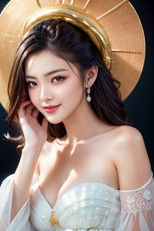 masterpiece, high quality, photorealistic, raw photo, Vietnamese beauty, flowing hair, cute face, wearing an ao dai with a gold 8K dragon, gentle smile, intricate skin, visible pores, off-shoulder, low-key, black background