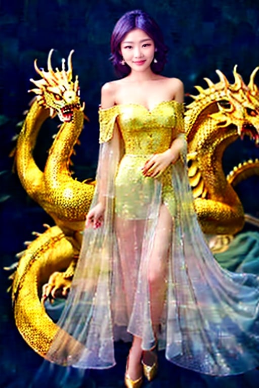 masterpiece, high quality, photorealistic, raw photo, Vietnamese beauty, cute face, full_aodai with a gold 8K dragon, gentle smile, intricate skin, visible pores, off-shoulder, low-key, black background.fully_dressed,Vietnam,Nice legs and hot body