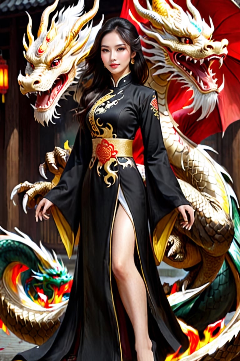 Wizard in black coat, heroes in AMOR, dragon beast, women in Ao dai