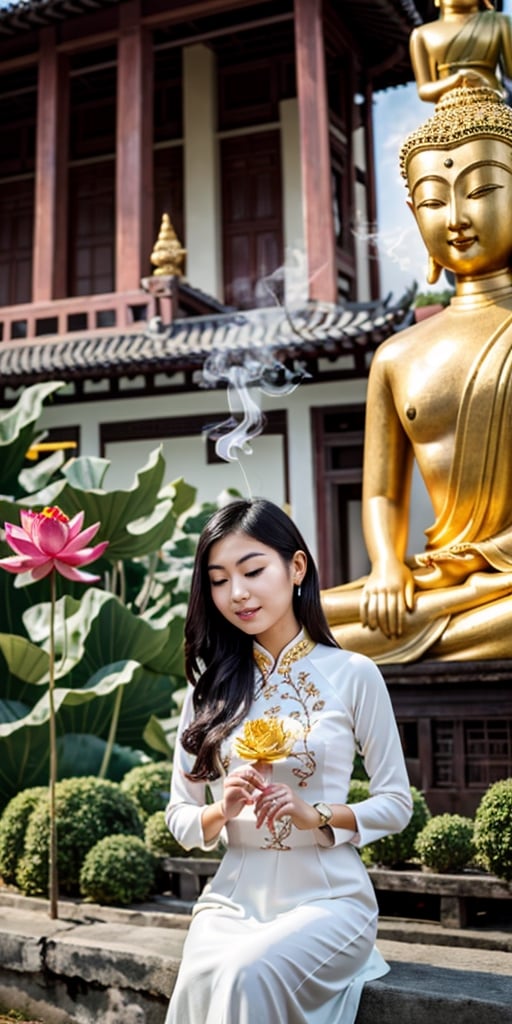 A beautiful Vietnamese girl wearing a traditional ao dai with a family crest for the Lunar New Year, holding a lotus flower, sits in a temple and lights incense in front of a Buddha statue, wishing him peace. Her husband in tuxedo with luxury watch and car stand behind her. 