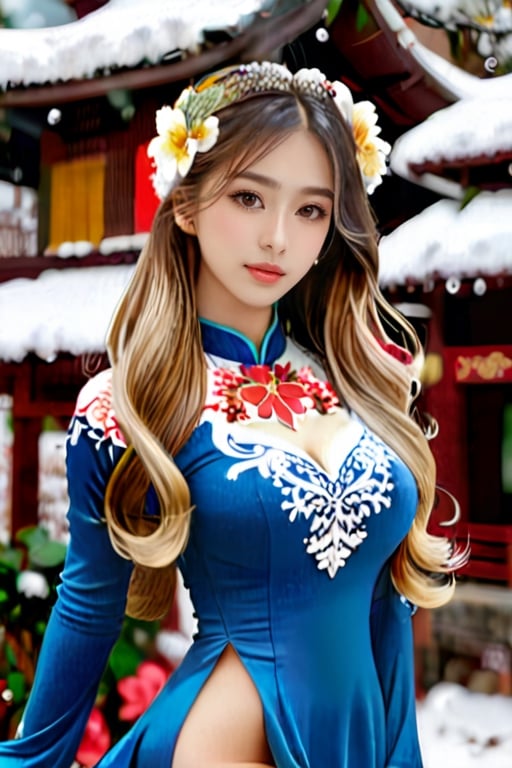 1girl, vietnamese, beautiful face, long hair, breasts, looking at viewer, blonde hair, hair ornament, long sleeves,ao dai, dress, cleavage, brown eyes, standing, flower, outdoors, day, hair flower, blurry, tree, lips, depth of field, snow, snowing, realistic, architecture, winter, east asian architecture, traditional clothes