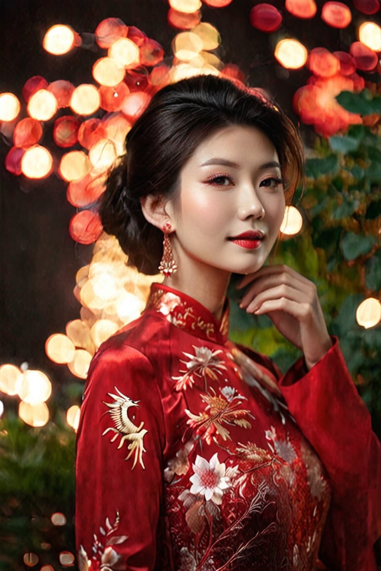 Masterpiece image of a beautiful vietnamese girl in red ao dai,flower and phoenix patter, with short shoulder-length hair chilling, divine proportion, non-douche smile, fire particles, Glowing Whisper, Ethereal Touch, Nocturnal Grace, Silent Luminescence, Midnight Flutter, Whispering Silent, Iridescent Encounter, Moonlit Shadow, high quality, high detail, high resolution, (bokeh:3), backlit, long exposure:3,