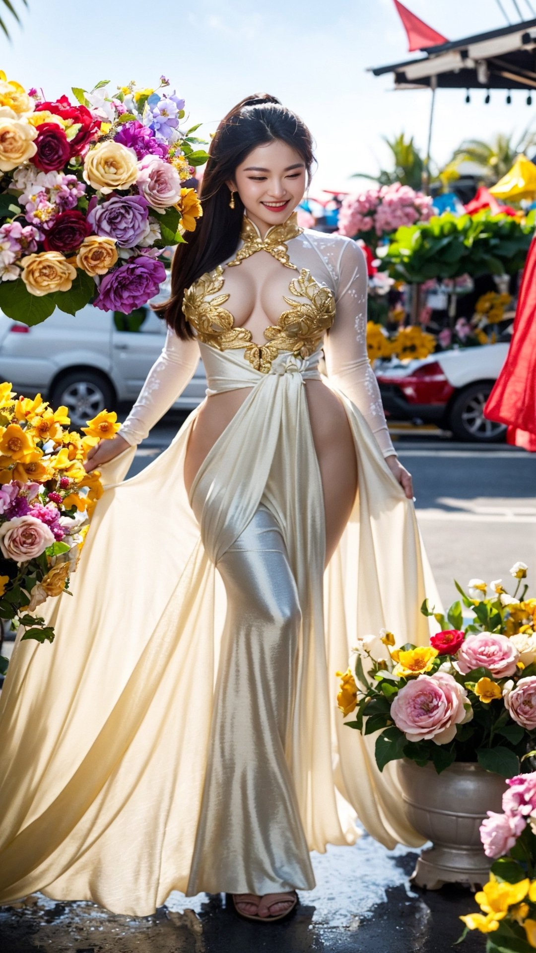 She walks with grace and confidence, her black ao dai adorned with golden dragons and flowers. The fabric flows with her every step, revealing a glimpse of her white trousers and sandals. Her long hair is tied in a bun, secured with a red ribbon. She smiles as she admires the colorful blooms and festive decorations at the Tết floral market. She feels the joy and warmth of the Lunar New Year in the air.
