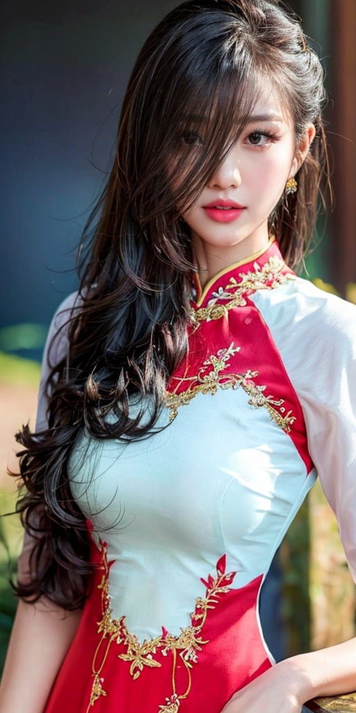  Best Quality Ultra-detailed 8K Wallpaper. It features a stunning portrait of a girl wearing the Ao Dai, a traditional Vietnamese dress. finely detailed and high resolution image that captures every nuance of her natural color lip and her expressive eyes. perfect dynamic composition that balances the contrast between the bright red of the dress and the dark background. 