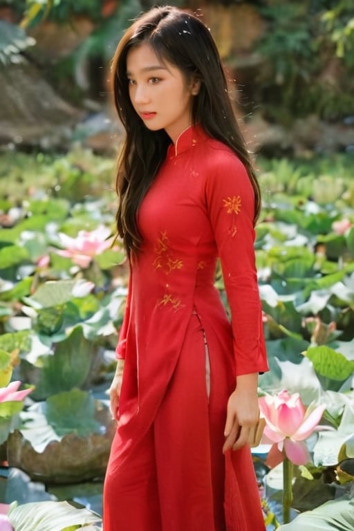 masterpiece, best quality, raw photo, realistic, Vietnamese girl, 18 years old, long flat hair, wearing a red Ao Dai with gold dragon pattern, standing in a pagoda, hand tother ask for blessing by monk master, candle and lotus in the river(professional photo, balanced photo, balanced exposure)