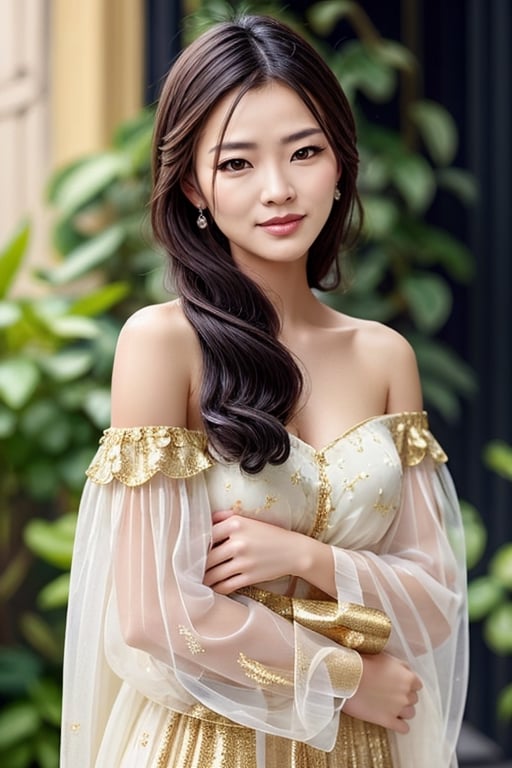 masterpiece, high quality, photorealistic, raw photo, Vietnamese beauty, flowing hair, cute face, wearing an ao dai with a gold 8K dragon, gentle smile, intricate skin, visible pores, off-shoulder, low-key, black background