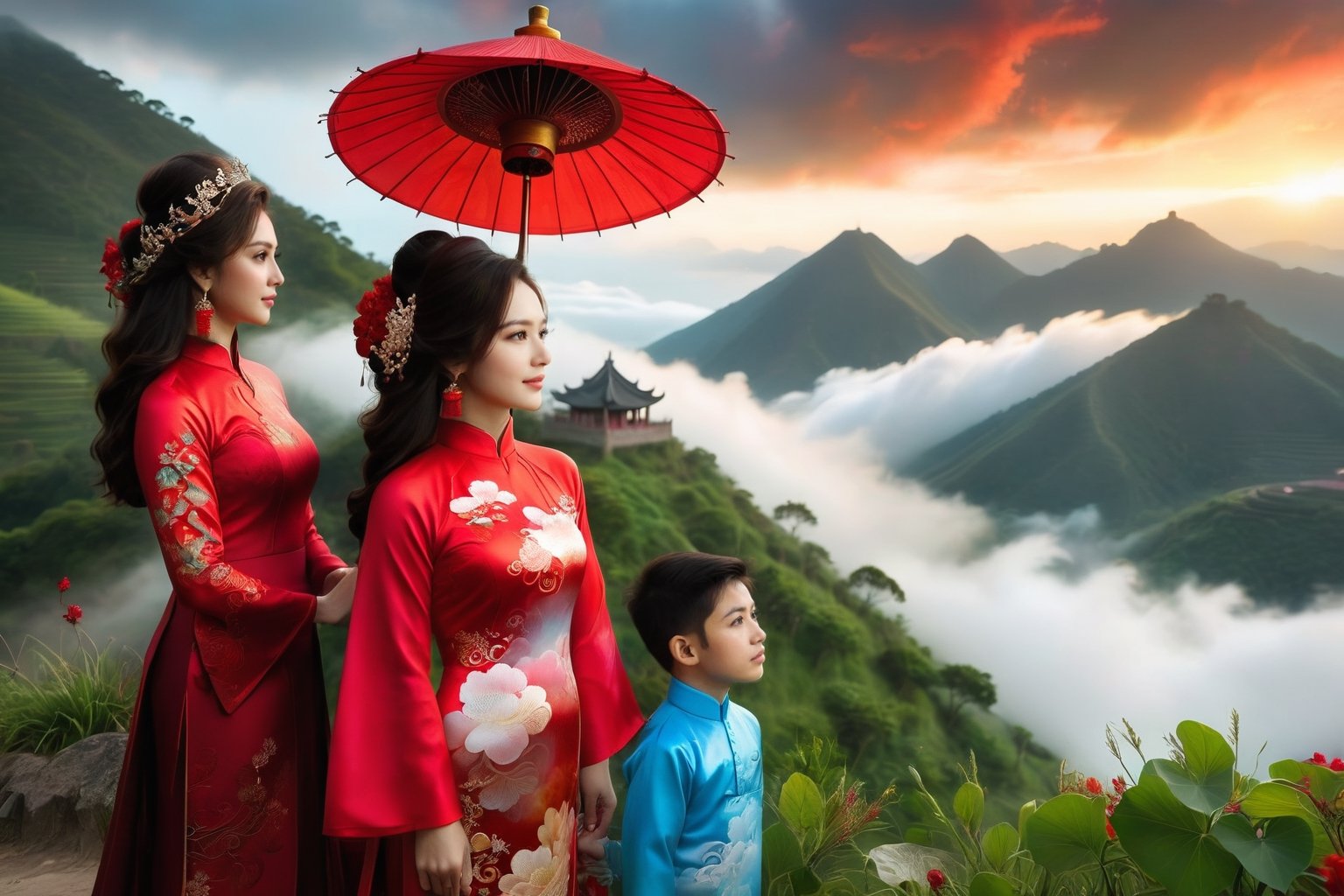 This image depicts a family of a husband, a wife, and three boys wearing red Tet ao dai standing on the hills of Ta Xua. The clouds are flying and densely concentrated in the early morning, swirling around the family members' feet. The bright sunlight creates a scene like a fairyland, making the swirling clouds even more captivating. Due to the lack of wind, the clouds remain motionless.