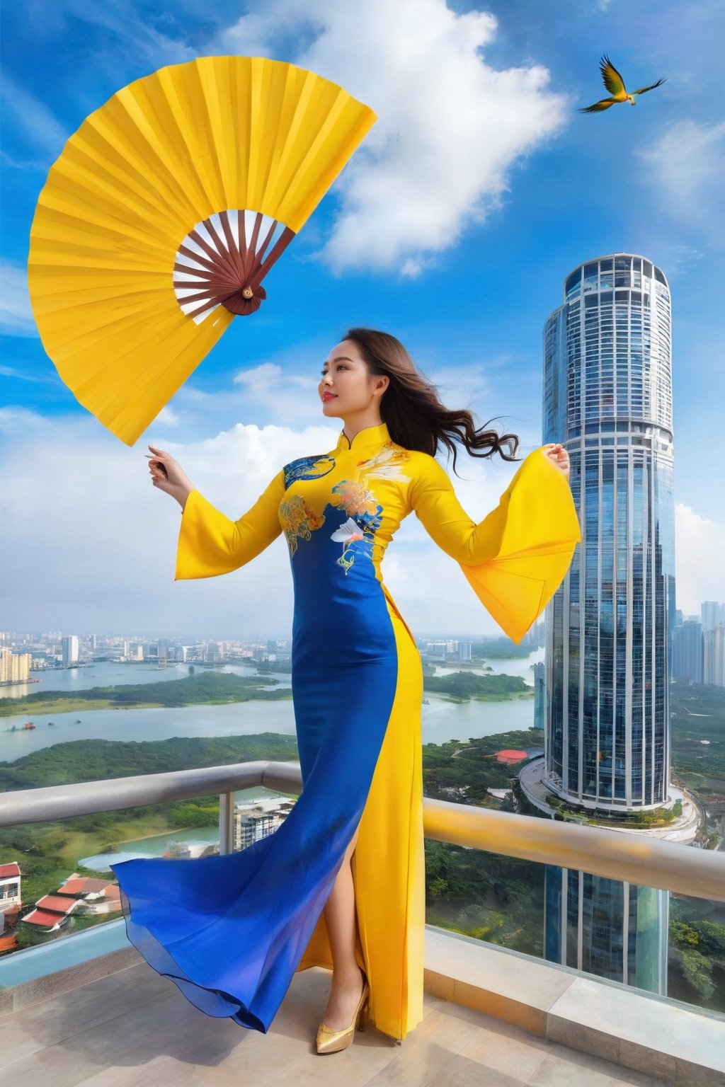 Masterpiece of a Vietnamese girl wearing a blue yellow ao dai with floral and phoenix patterns, dancing gracefully at the skyscraper top floor. She holds a paper fan in her hand, which she moves in sync with her steps. The cloud on the sky forms a yin-yang symbol, representing harmony and balance. The camera zooms out to reveal an aerial view of the scene, captured by a drone. The image quality is superb, with high resolution and vivid colors.
