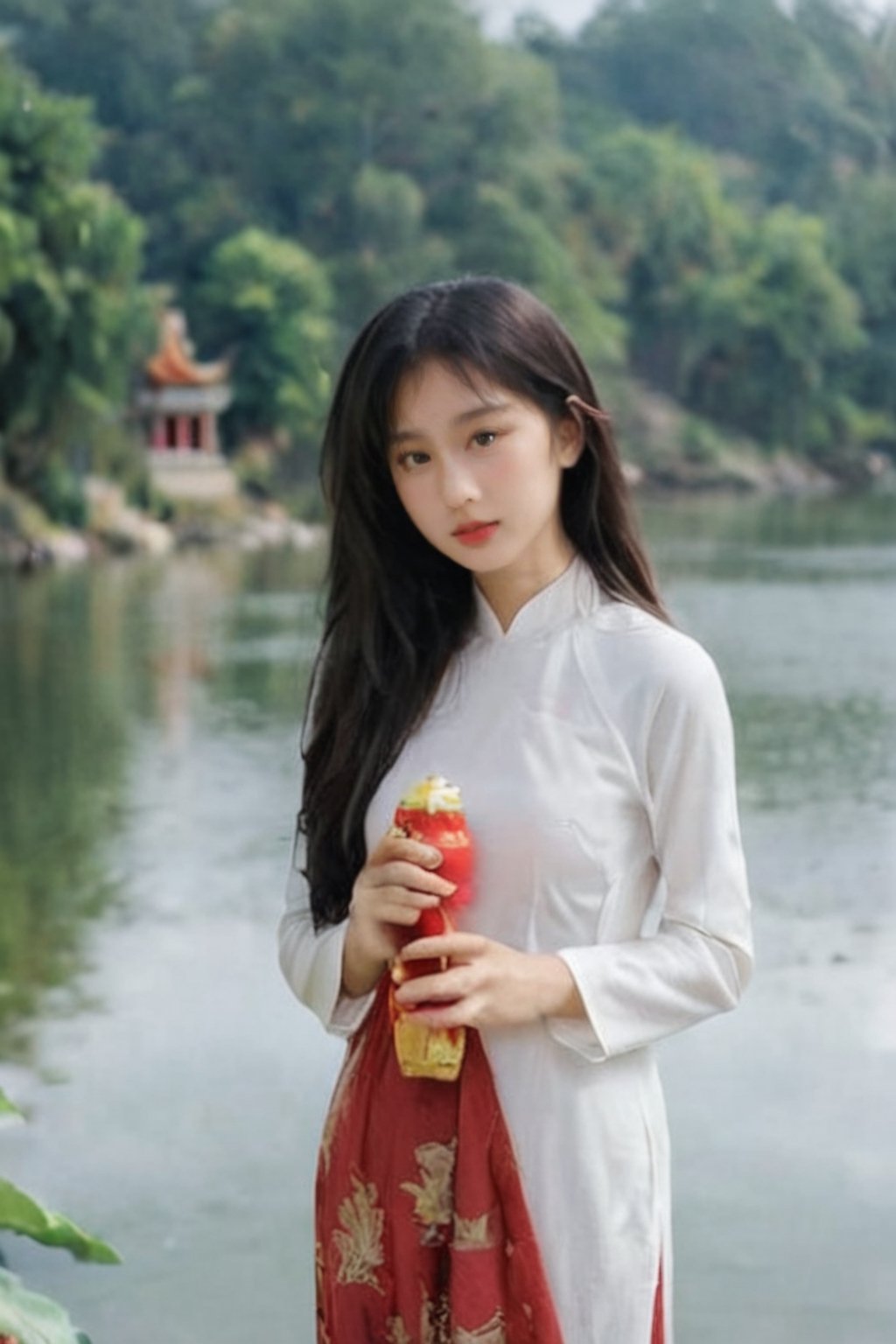 masterpiece, best quality, raw photo, realistic, Vietnamese girl, 18 years old, long flat hair, wearing a red Ao Dai with gold dragon pattern, standing in a pagoda, hand tother ask for blessing by monk master, candle and lotus in the river(professional photo, balanced photo, balanced exposure)