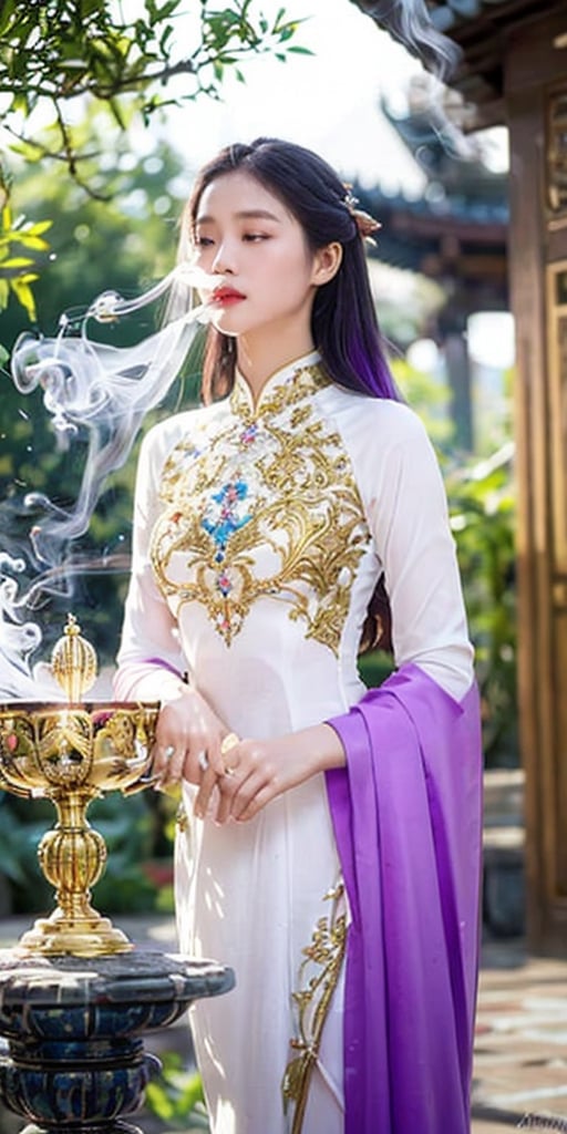 8k super high quality photo, featuring a Vietnamese girl, 21 years old, shoulder-length hair, silver-purple hair, moderate chest, wearing a royal-like ao dai with golden phoenix embroidered, ao dai adorned with many crystals. She is lighting incense and praying in a temple. The incense smoke creates a magical light that seems to escape from paradise. This photo is not only an artistic work, but also a proof of the combination of tradition and modernity, between sacred and seductive.