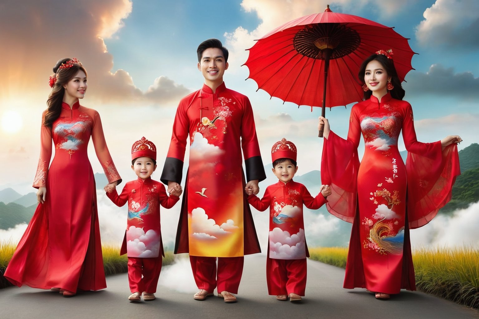 picture of a family consisting of a husband and wife and 3 boys wearing red Tet ao dai standing on the spine of Ta Xua. The clouds are flying and very thick in the early dawn, curling under their feet. The bright sun makes the clouds more swirling like a fairy scene. Little wind makes the clouds not move.