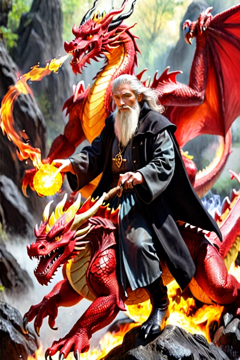 Wizard in black coat, riding a red dragon breath fire"