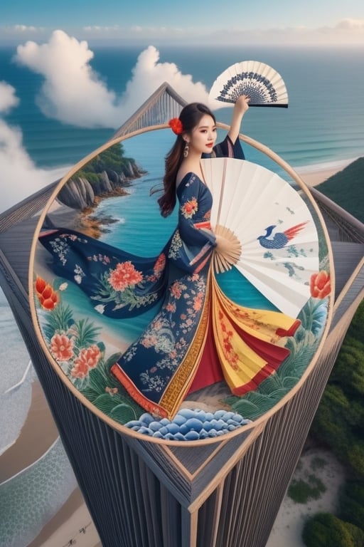 Masterpiece of a Vietnamese girl wearing a red black  ao dai with floral and phoenix patterns, dancing gracefully at the resort beach. She holds a paper fan in her hand, which she moves in sync with her steps. The sand on the beach forms a yin-yang symbol, representing harmony and balance. The camera zooms out to reveal an aerial view of the scene, captured by a drone. The image quality is superb, with high resolution and vivid colors.
