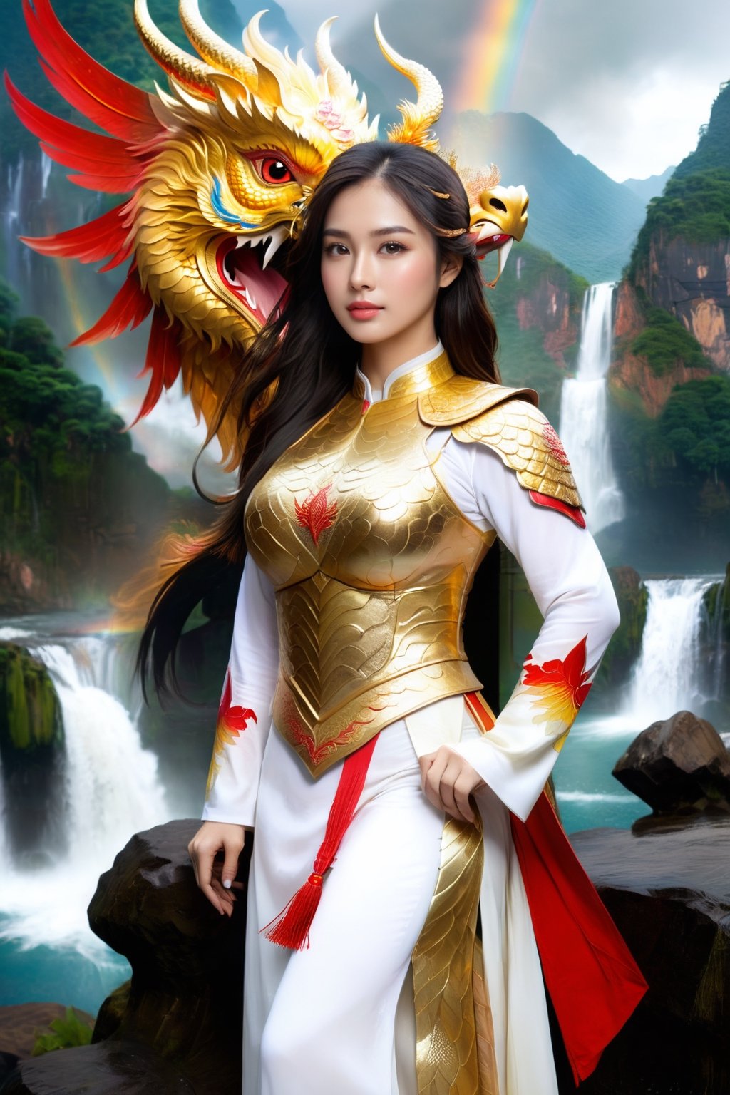 In the picture, a Vietnamese female warrior wears a white ao dai, covered with golden dragon armor, her wings are red phoenix wings. She looks straight at the lens, with high resolution and very realistic. Behind her is a majestic mountain range with a waterfall and a rainbow.