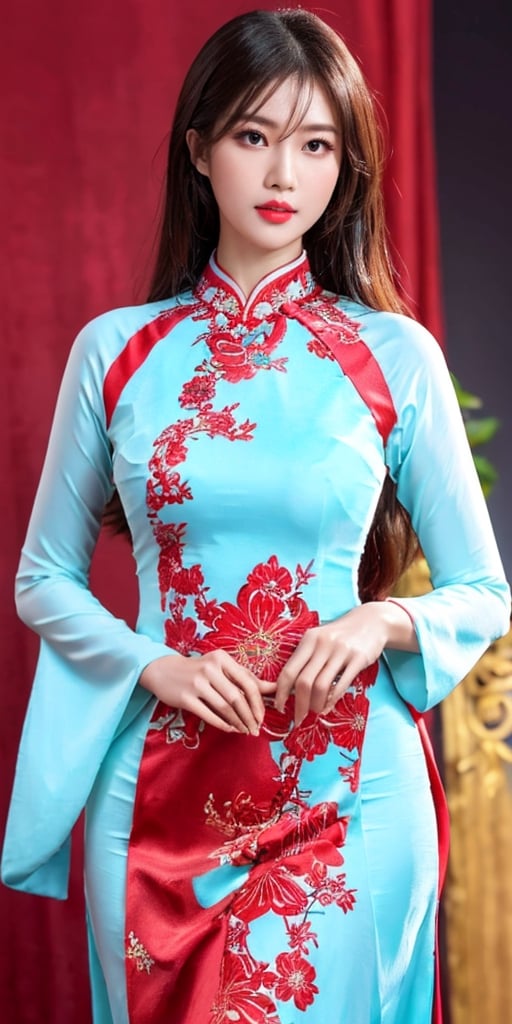  Best Quality Ultra-detailed 8K Wallpaper. It features a stunning portrait of a girl wearing the Ao Dai, a traditional Vietnamese dress. finely detailed and high resolution image that captures every nuance of her natural color lip and her expressive eyes. perfect dynamic composition that balances the contrast between the bright red of the dress and the dark background. 