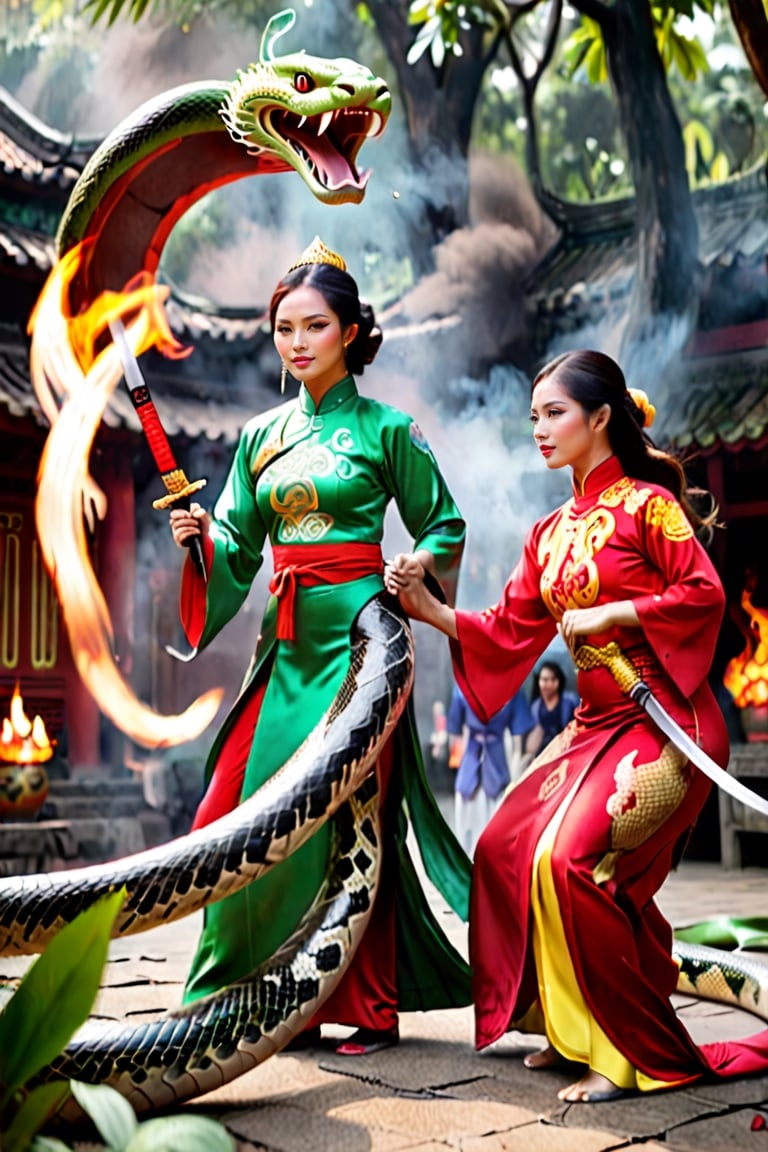 Two warrior chop down giant snake with their sword. Poison smoke around area, fire. Two women in Ao Dai dancing