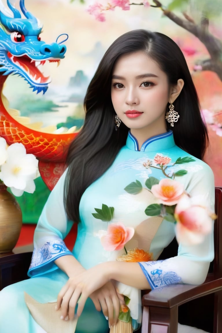 A lovely Vietnamese girl sits in a chair, wearing a traditional ao dai dress and holding a flower and woddeen fan. Her long black hair and elegant earrings add to her beauty. In the background, a dragon paintings can be seen. This photo is from the R4W exhibition.The girl's serene expression and graceful posture exude a sense of timeless elegance, capturing the essence of Vietnamese culture and tradition. As she gazes into the distance, her eyes seem to hold a world of wisdom and grace, reflecting the rich heritage of her homeland. The delicate embroidery of her ao dai and the intricate details of the dragon motif in the background speak to the artistry and symbolism deeply woven into Vietnamese customs. This captivating image invites viewers to delve into the enchanting tapestry of Vietnam's history and folklore, where every detail tells a story of resilience, beauty, and enduring spirit.,more detail XL,snowing.,beauty