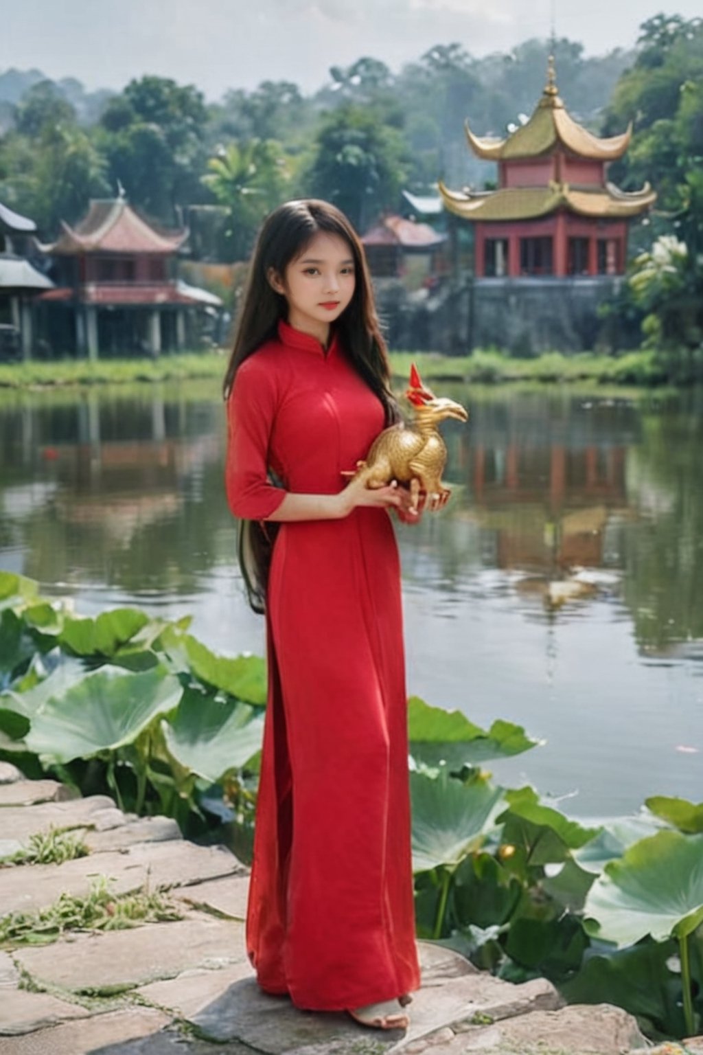 masterpiece, best quality, raw photo, realistic, Vietnamese girl, 18 years old, long flat hair, wearing a red Ao Dai with gold dragon pattern, standing in a pagoda, hand tother ask for blessing by monk master, candle and lotus in the river(professional photo, balanced photo, balanced exposure)