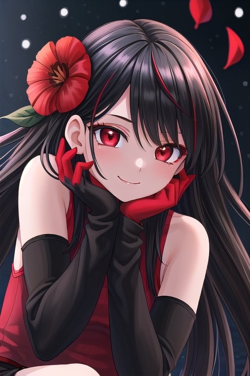 masterpiece, top quality, best quality, portrait,beautiful girl , black hair, red eyes, on a red flower field at night, straight hair, gray gym sweatpants, snowing red flower petals ,evil smile, dark eyeshadow, black striped socks, tank top 