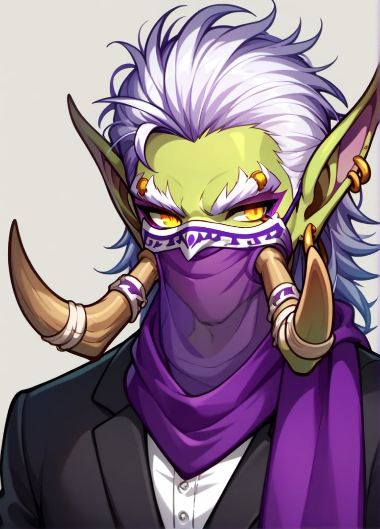 score_9, score_8_up, score_7_up, solo, portrait, blank background,Trolls male,warcraft,green skin,golden eyes,large pointed ears, large nose, fangs,looking to viewer,(tusks,Zul'Jin,very big and long purple mouth mask,very big and long purple scarf,,long purple mouth veil,tusks protrude from the mask,cover the mouth:1.2),(business suit,white shirt,white bow:1.1),big white hair,messy hair,maplestory_style,