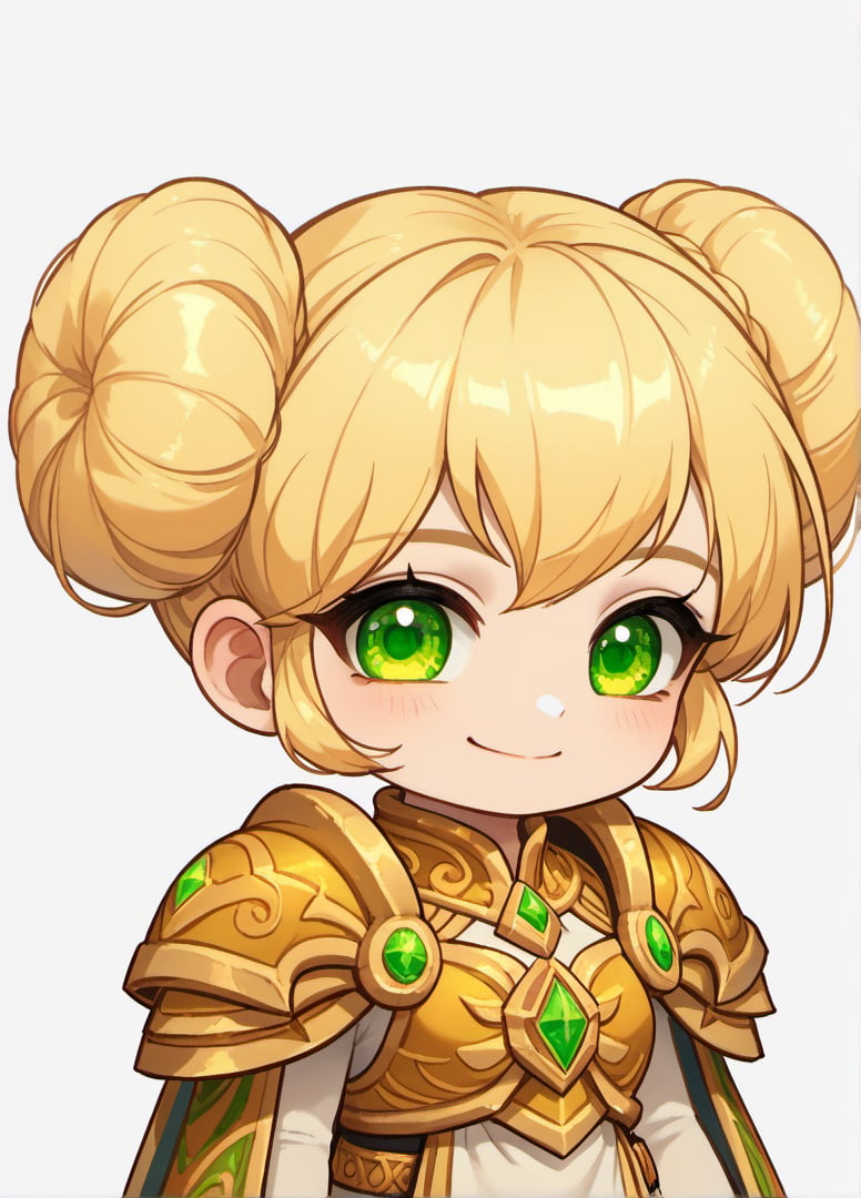 score_9, score_8_up, score_7_up, masterpiece,original,upper body,portrait,(white background,blank white background:1.1),1GIRL,solo,gold hair,green eyes,bangs,golden dress,shoulder pad,happy,light smile,WOW CHROMIE, BLONDE HAIR, DOUBLE BUN,  JEWELRY, SHOULDER ARMOR ,ARMOR, ROBES, SHORTSTACK,maplestory_style,warcraft gmome,warraft Chrome,