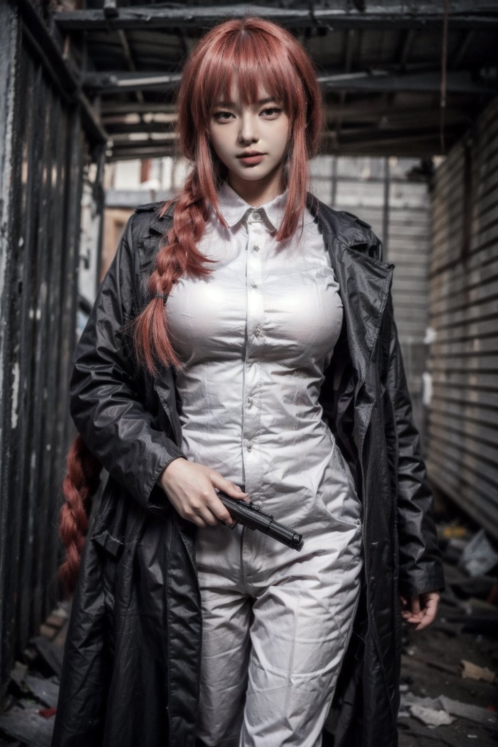 Create a realistic portrait, photography ,woman, long red hair, bangs one braid in the back, red eyes, wearing a large, long black suit, woman on the outside wearing a long-sleeved white shirt on the inside, black tie, black pants. long, (holding a pistol), In an abandoned school, buildings destroyed,, blur background , nsfw,