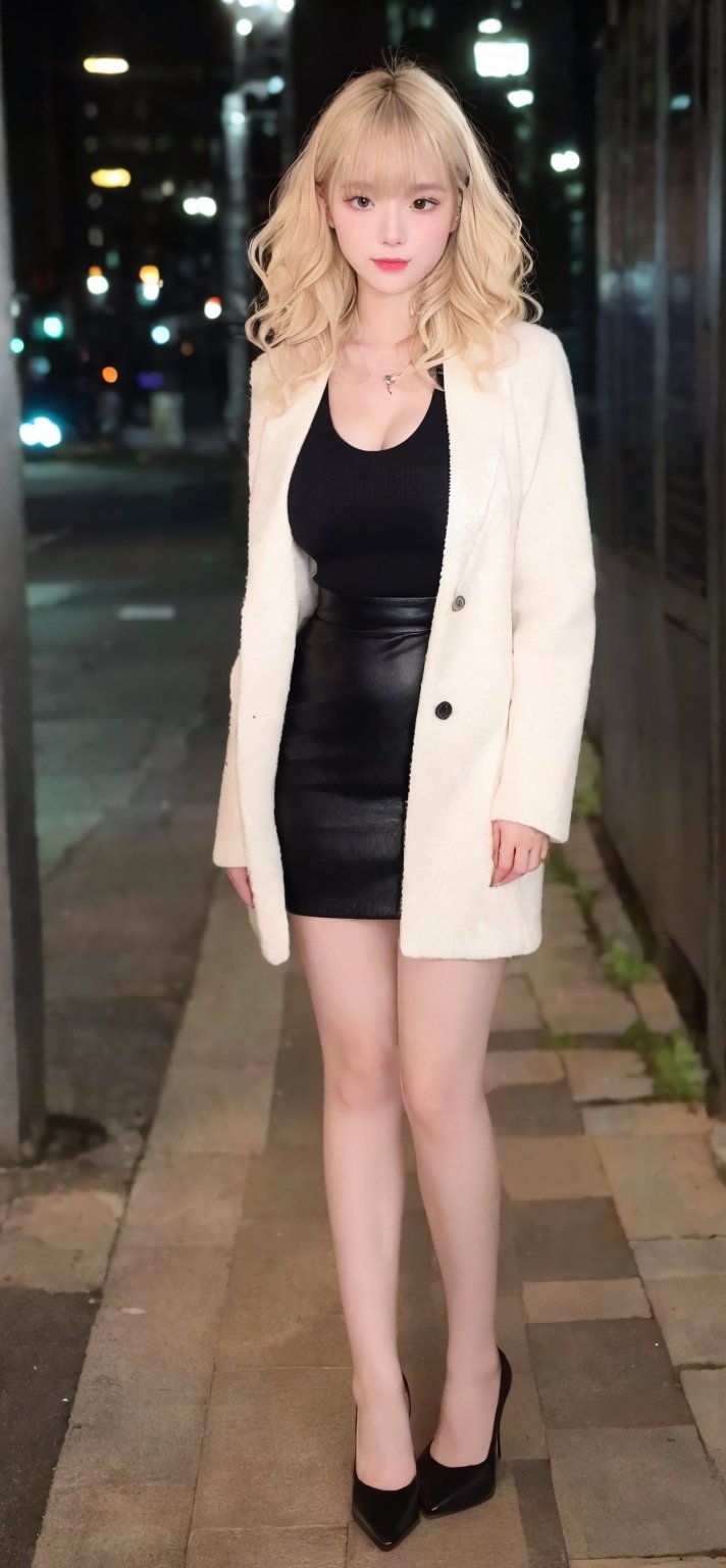 a girl standing in front of a wall with stylish graffiti in a closed dark subway, depth of field, film grain, analog film movie style, vivid color, high contrast, 1girl, solo, porcelain skin, perfect anatomy, slender body, beautiful girl, (platinum blonde hair, flowing ringlets hairdo:1.4), dark shadows on the face, beautiful eyes, symmetrical face, open robe and mini skirt, pantyhose, high heels, large breast, (full body:1.4), (night, dimly lit, dark, dark photo, grainy, dimly lit:1.4), (masterpiece:1.2), best quality, high quality, (extremely detailed), (realistic photo:1.5), realistic, raw, 8k, ultrarealistic