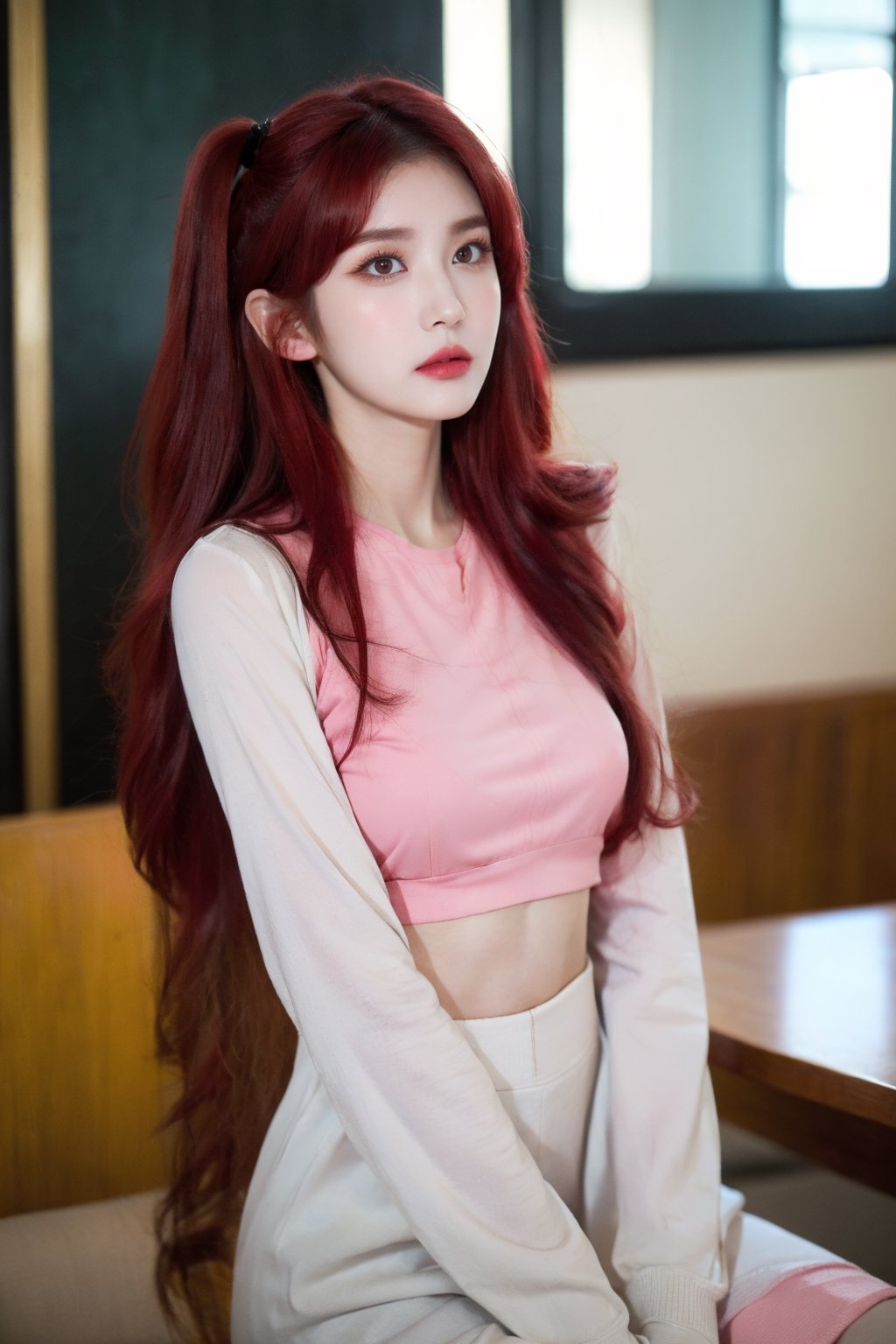 full body, wide shot, a group of K-pop idol girls, jeon somi, wearing open robe, crop top in dress, (red hair, two side up:1.4), (large breasts:1.3), (huge breast:1.4), (sad face expression:1.6), (discused face expression:1.4), (blushed face:1.5), eyeliner, she is in agony, in a crowded royal dinner, down light, direct light,cute asian girl,flash