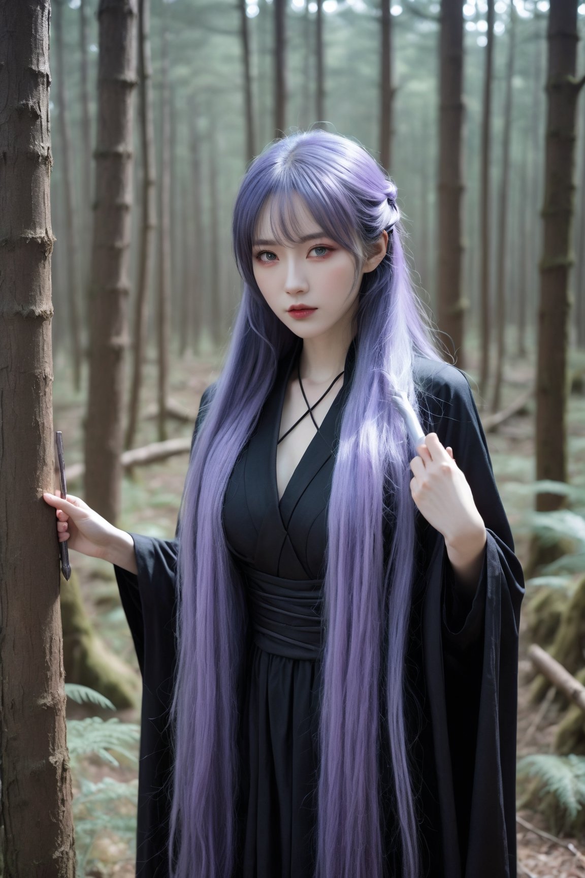 Realistic a beautiful Japanese asian female magician, pale skin,( mega extreme super long hair purple hair with half tie up with micro bangs), blue eyes, black fur and open rob cloak, huge breast, in the forest, bandaged village, cinematic moviemaker style, Extremely Realistic ,tall body view, finger detail, head and body ratio 1:9, left hand hold big magic wand sickle, 