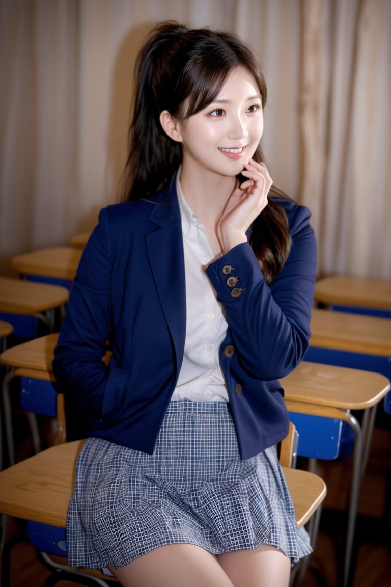 background is high school classroom,1 girl, 18 yo, beautiful girl, korean girl,sitting on chair,wearing school uniform(dark blue jacket and brown check pattern skirt),happy laugh,
solo, {beautiful and detailed eyes}, dark eyes, calm expression, delicate facial features, ((model pose)), Glamor body type, slim waist,(dark hair),long Bright wavy hair,very_long_hair, hair past hip,long straight hair,long ponytail,bangs,pale skin,detailed skin,hairpins, flim grain, realhands, masterpiece, Best Quality, 32k, high contrast,vivid color,photorealistic, ultra-detailed, finely detailed, high resolution, perfect dynamic composition, beautiful detailed eyes, sharp-focus, cowboy_shot, ,3D,GIRL