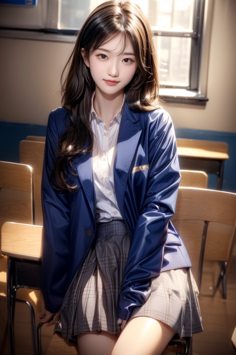 background is high school classroom,1 girl, 18 yo, beautiful girl, korean girl,sitting on chair,wearing school uniform(dark blue jacket and brown check pattern skirt),happy laugh,
solo, {beautiful and detailed eyes}, dark eyes, calm expression, delicate facial features, ((model pose)), Glamor body type, slim waist,(dark hair),long Bright wavy hair,very_long_hair, hair past hip,long straight hair,long ponytail,bangs,pale skin,detailed skin,hairpins, flim grain, realhands, masterpiece, Best Quality, 32k, high contrast,vivid color,photorealistic, ultra-detailed, finely detailed, high resolution, perfect dynamic composition, beautiful detailed eyes, sharp-focus, cowboy_shot, ,3D,GIRL