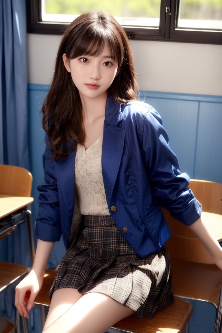 background is high school classroom,1 girl, 18 yo, beautiful girl, korean girl,sitting on chair,wearing school uniform(dark blue jacket and brown check pattern skirt),happy laugh,
solo, {beautiful and detailed eyes}, dark eyes, calm expression, delicate facial features, ((model pose)), Glamor body type, slim waist,(dark hair),long Bright wavy hair,very_long_hair, hair past hip,long straight hair,long ponytail,bangs,pale skin,detailed skin,hairpins, flim grain, realhands, masterpiece, Best Quality, 32k, high contrast,vivid color,photorealistic, ultra-detailed, finely detailed, high resolution, perfect dynamic composition, beautiful detailed eyes, sharp-focus, cowboy_shot, ,3D,GIRL,REAL