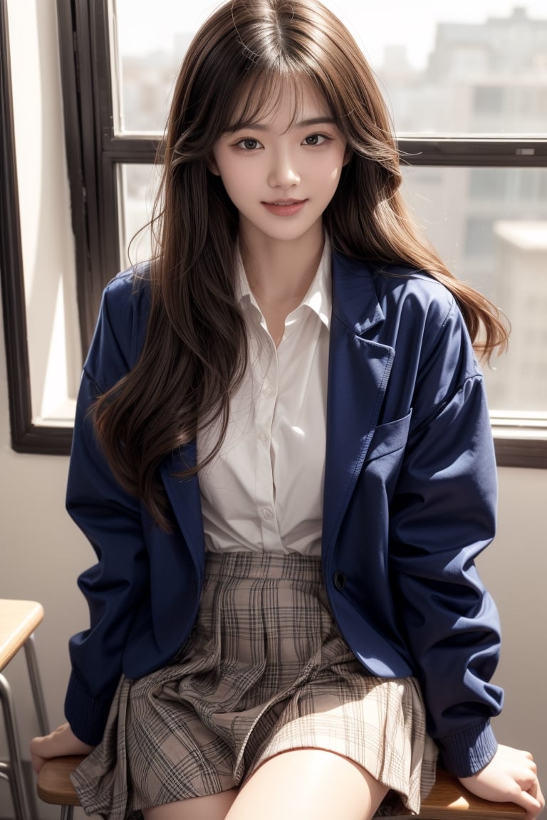 background is high school classroom,1 girl, 18 yo, beautiful girl, korean girl,sitting on chair,wearing school uniform(dark blue jacket and brown check pattern skirt),happy laugh,
solo, {beautiful and detailed eyes}, dark eyes, calm expression, delicate facial features, ((model pose)), Glamor body type, slim waist,(dark hair),long Bright wavy hair,very_long_hair, hair past hip,long straight hair,long ponytail,bangs,pale skin,detailed skin,hairpins, flim grain, realhands, masterpiece, Best Quality, 32k, high contrast,vivid color,photorealistic, ultra-detailed, finely detailed, high resolution, perfect dynamic composition, beautiful detailed eyes, sharp-focus, cowboy_shot, 