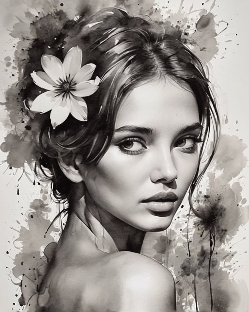 Ink painting, masterpiece, highest quality, woman's face, very beautiful,young and cute woman,actress,have a flower