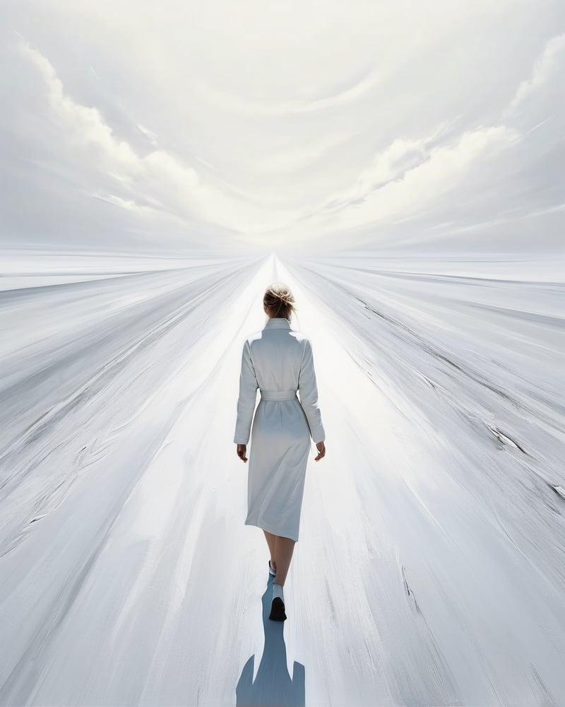  roads, future, masterpieces, highest quality,artistically, abstractly, life,pure white world,A woman walking along the road